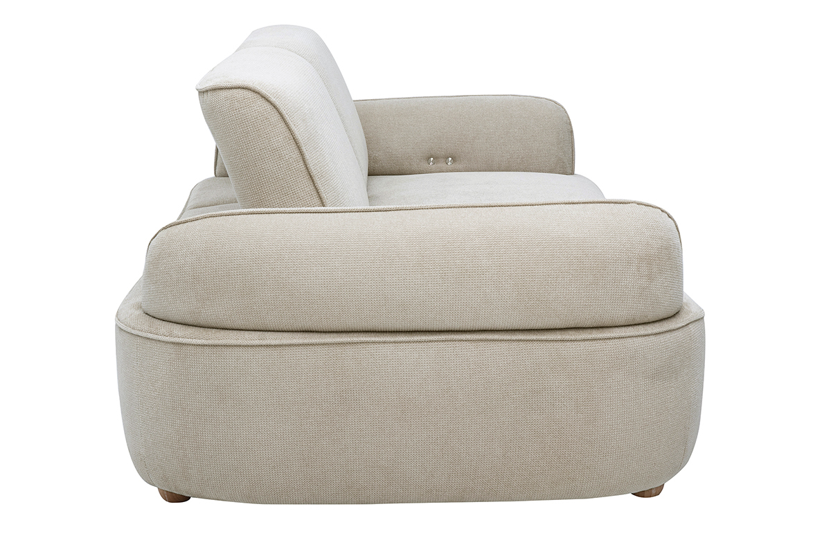 Canap� 3 places �lectrique OTIS en tissu chenille beige, vue de profil, avec structure en bois clair.