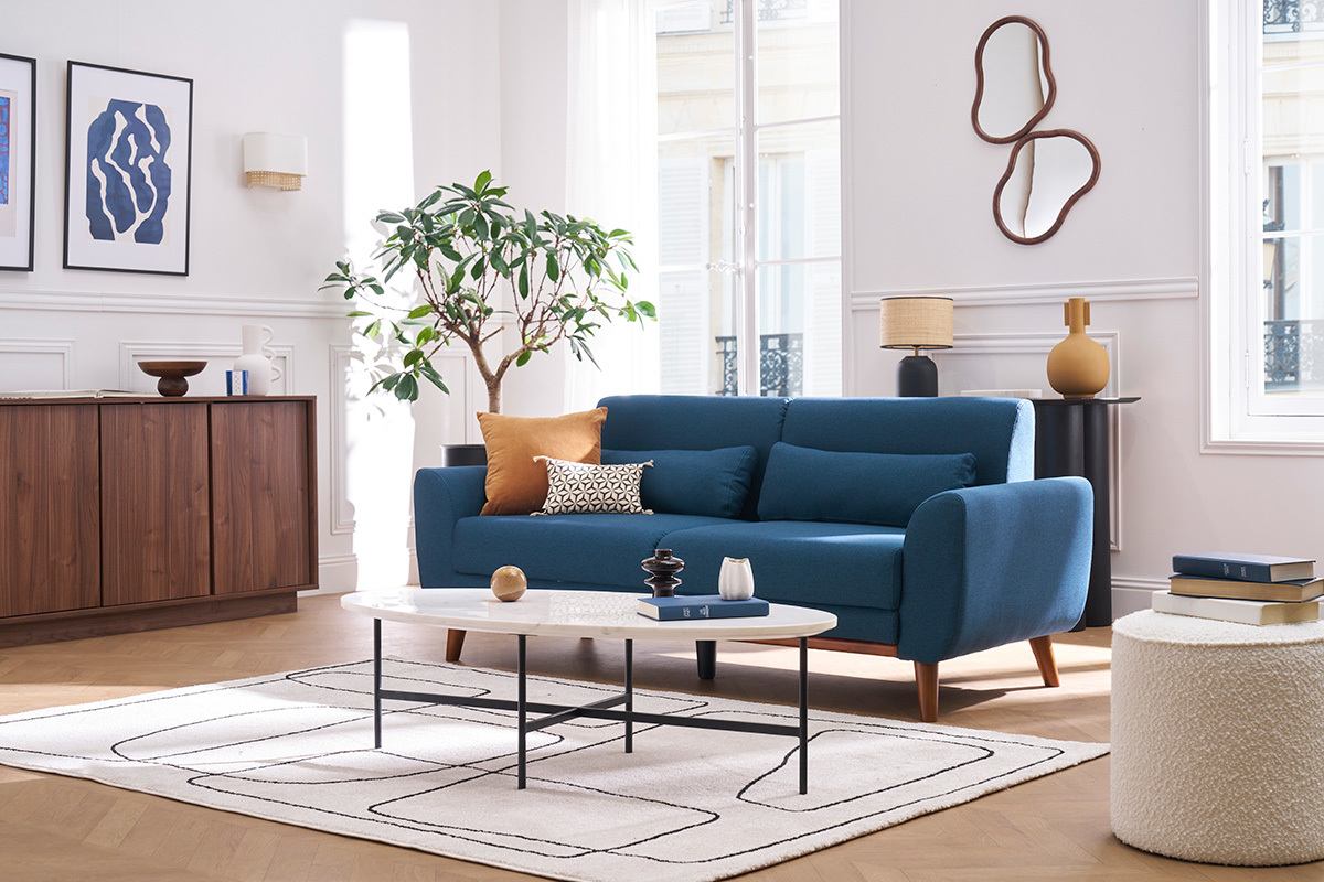 Canap� 3 places en tissu bleu fonc� et bois fonc� EKTOR