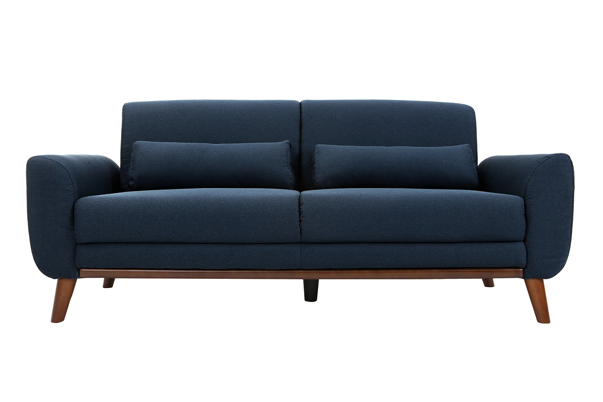 Canap� 3 places en tissu bleu fonc� et bois fonc� EKTOR