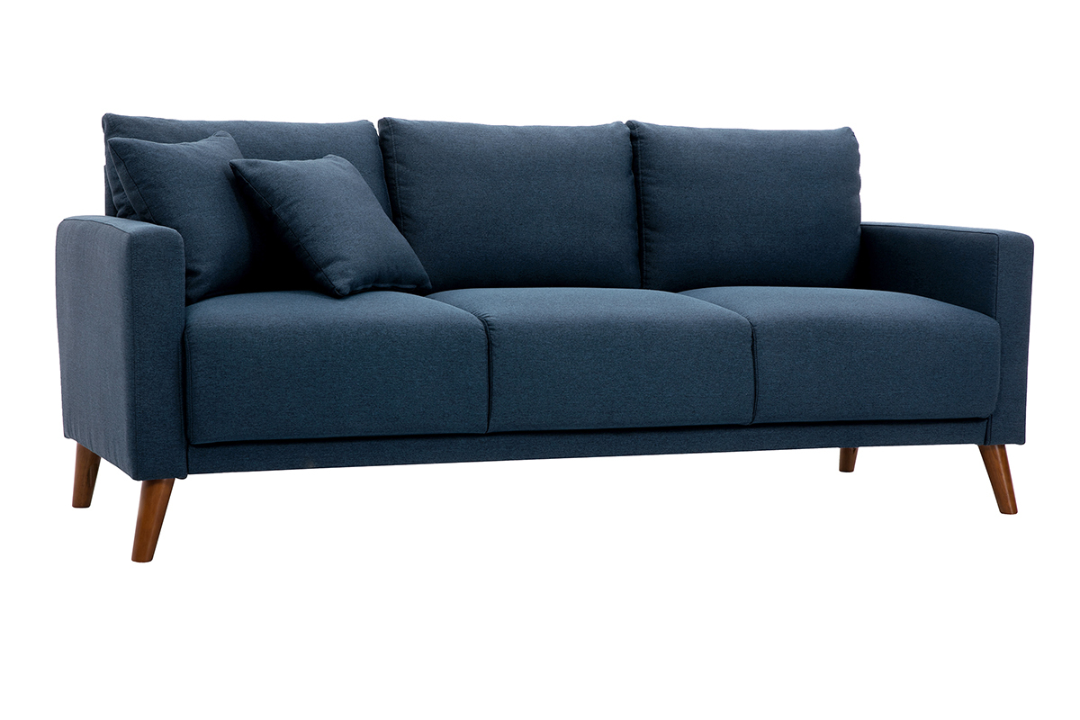Canap� 3 places en tissu bleu fonc� et bois fonc� MUNIK