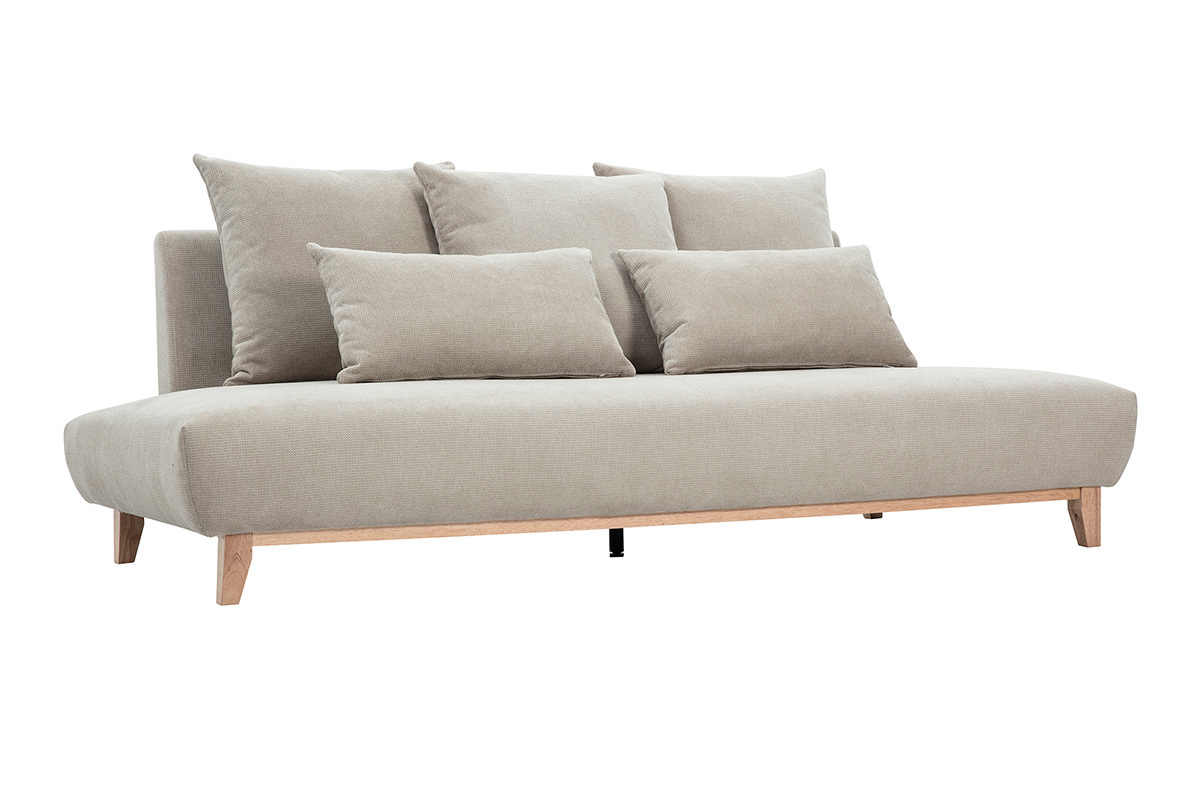 Canap� 3 places beige en tissu chenille avec pieds en bois clair, vue de 3/4.