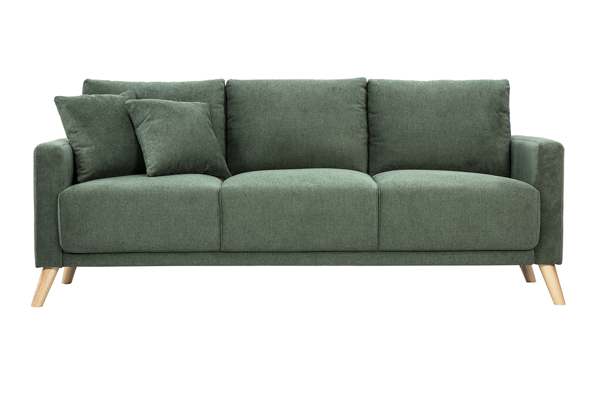 Canap� 3 places en tissu chenille vert kaki avec pieds en bois clair, vue de face.