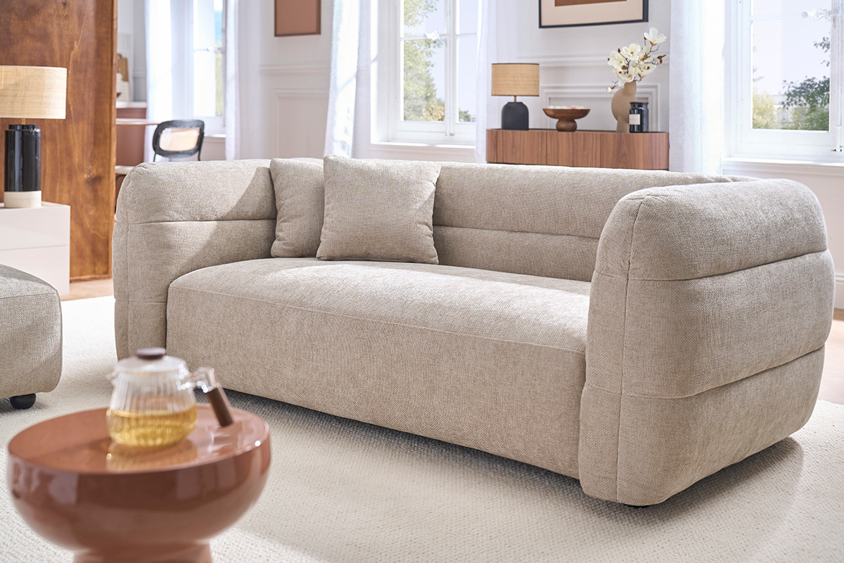 Canap� 3 places en tissu effet velours textur� beige JOYA