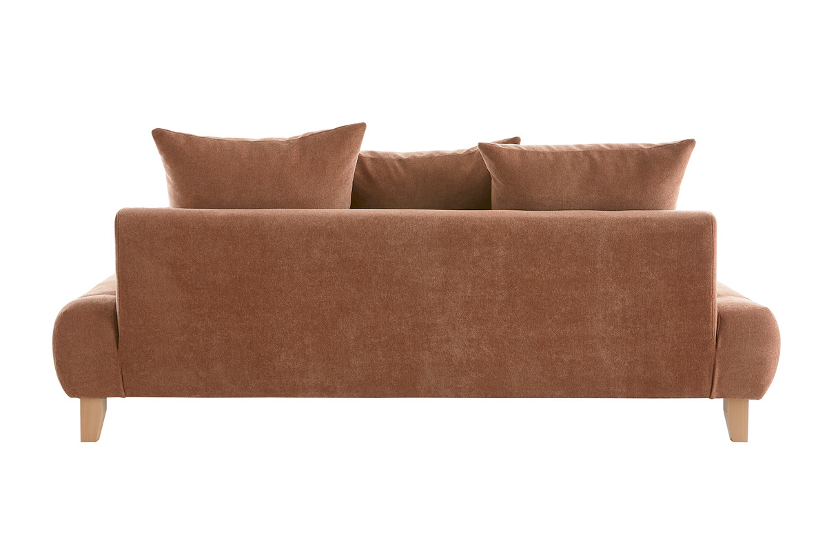 Canap� 3 places en tissu effet velours textur� terre br�l�e et bois clair L200 cm ODEON