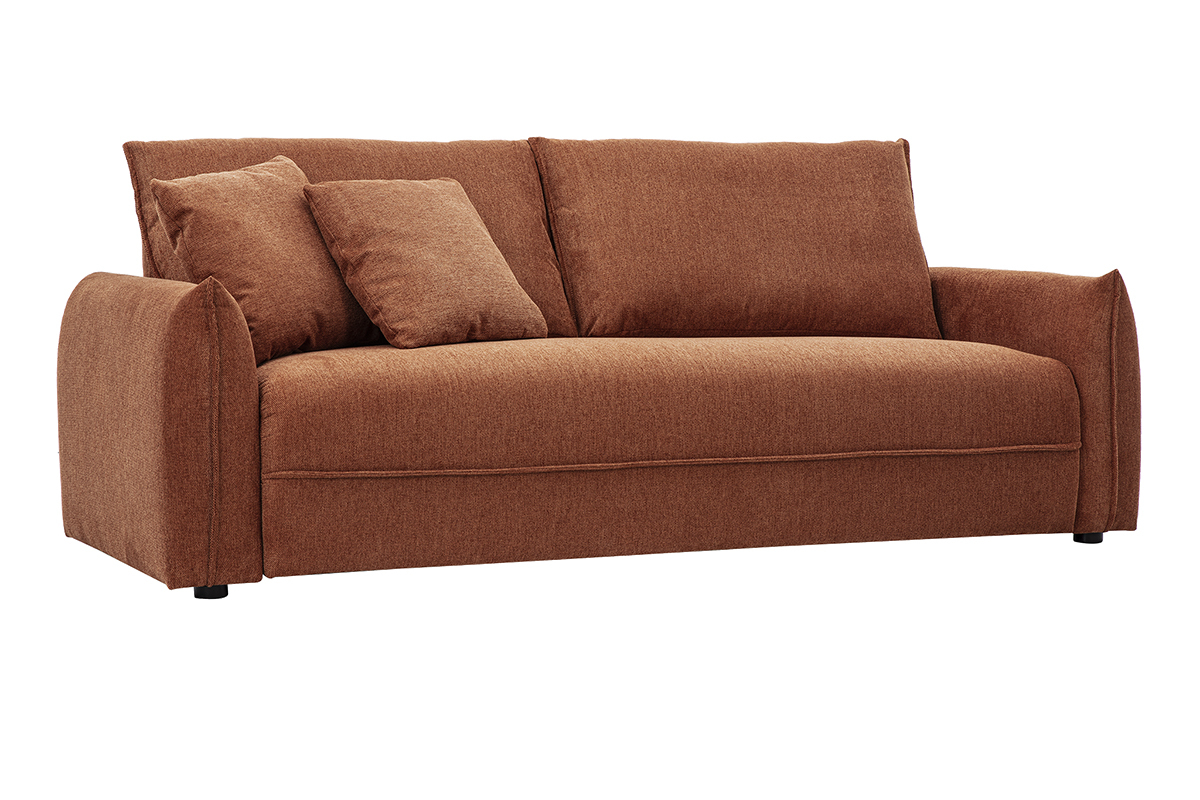 Canap� 3 places en tissu effet velours terre br�l�e, vue de 3/4.