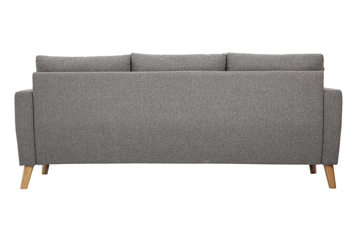 Vue arri�re d'un canap� 3 places en tissu gris avec pieds en bois clair.
