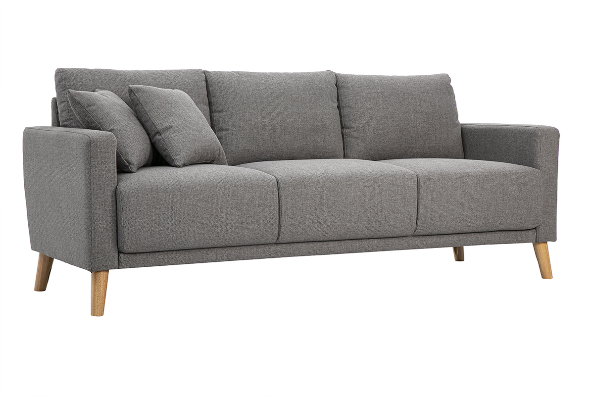 Canap� 3 places en tissu gris avec pieds en bois, vue de 3/4.