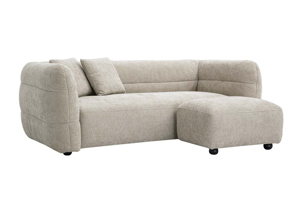 Canap� 3 places et pouf en tissu beige effet velours, vue de 3/4.