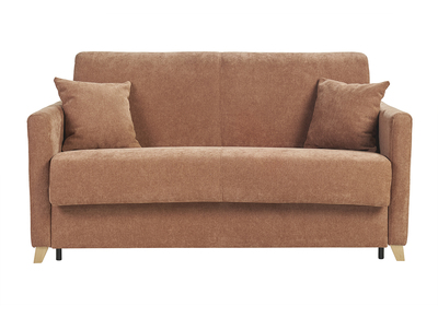 Canap&eacute; convertible 2-3 places en tissu effet velours terre br&ucirc;l&eacute;e et bois clair avec matelas 13 cm SKANDY