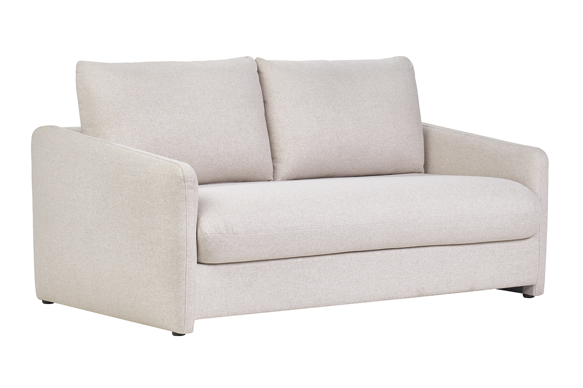 Canap� convertible 2 places beige cr�me, vue de trois quarts.