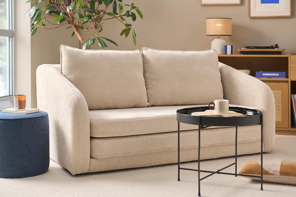 Canap� convertible 2 places en tissu effet velours textur� beige MAHAUT