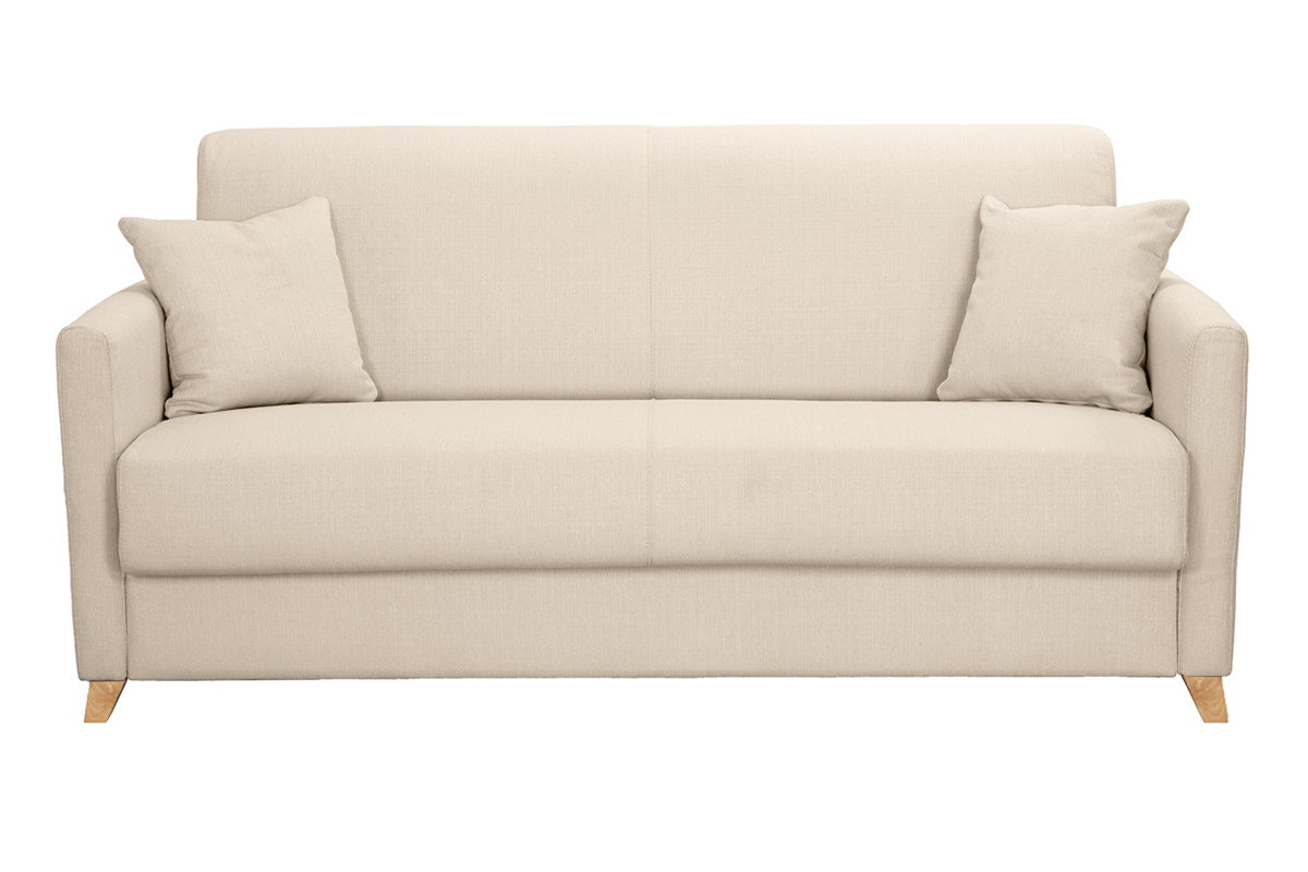 Canap� convertible 3 places en tissu beige et bois clair avec matelas 13 cm SKANDY