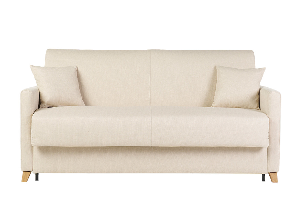 Canap� convertible 3 places en tissu beige et bois clair avec matelas 18 cm SKANDY