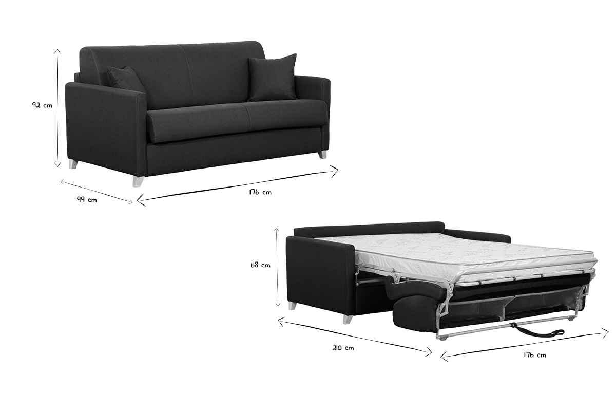 Canap� convertible 3 places en tissu bleu canard et bois clair avec matelas 13 cm SKANDY