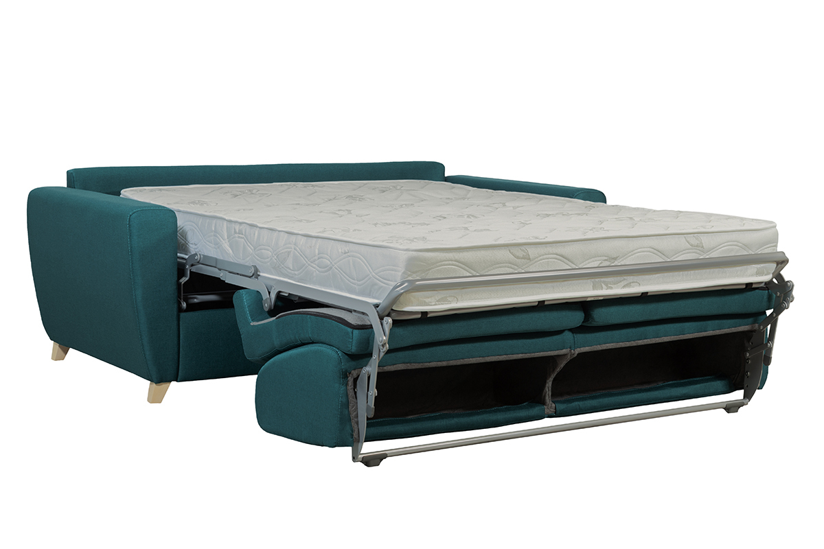 Canap� convertible 3 places bleu canard avec matelas, vu de 3/4.