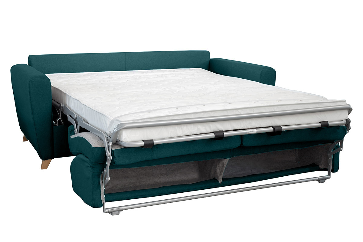 Canap� convertible 3 places bleu canard avec matelas d�pli� vue de c�t�.