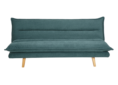 Canap&eacute; convertible 3 places en tissu chenille bleu canard et bois clair BINGO