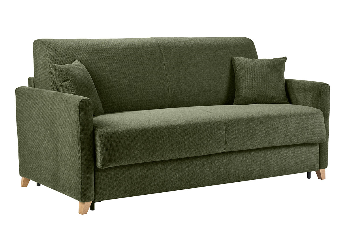 Canap� convertible 3 places en tissu chenille vert fonc� avec coussins, vue de 3/4.