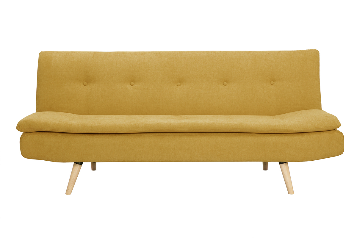 Canap� convertible 3 places en tissu effet velours jaune moutarde et bois clair SENSO
