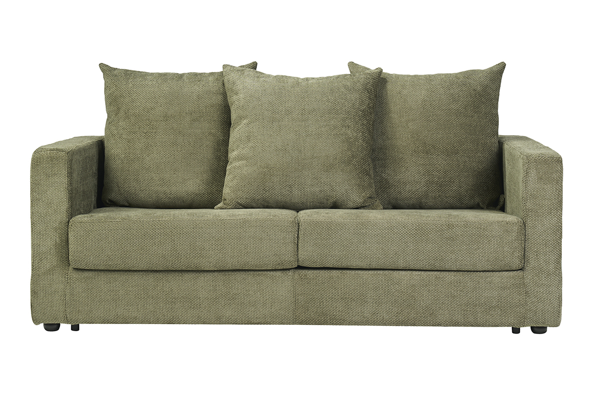 Canap� convertible 3 places en velours chenille vert kaki, vue de face avec coussins.