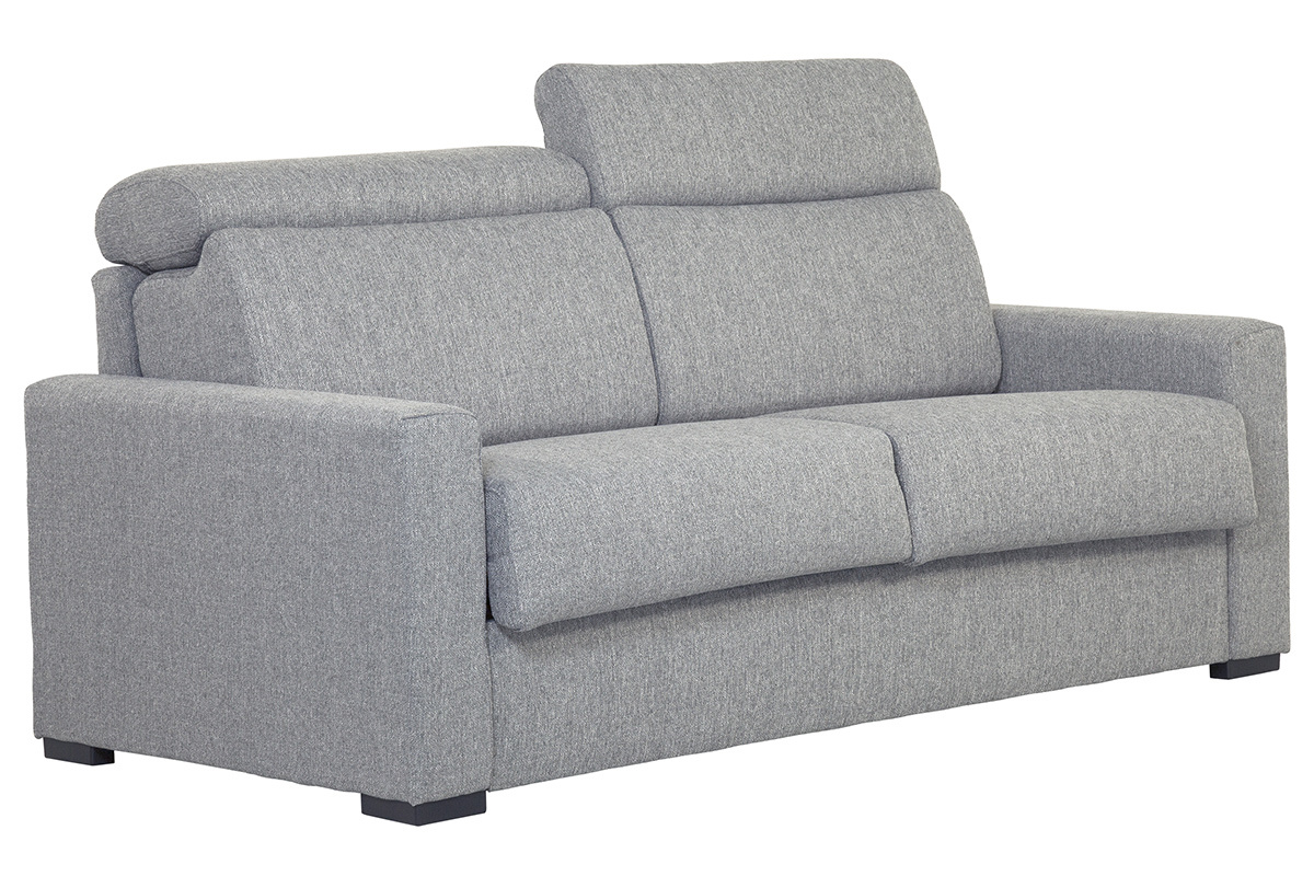 Canap� convertible 3 places en tissu gris clair, avec t�ti�res ajustables, angle de face.