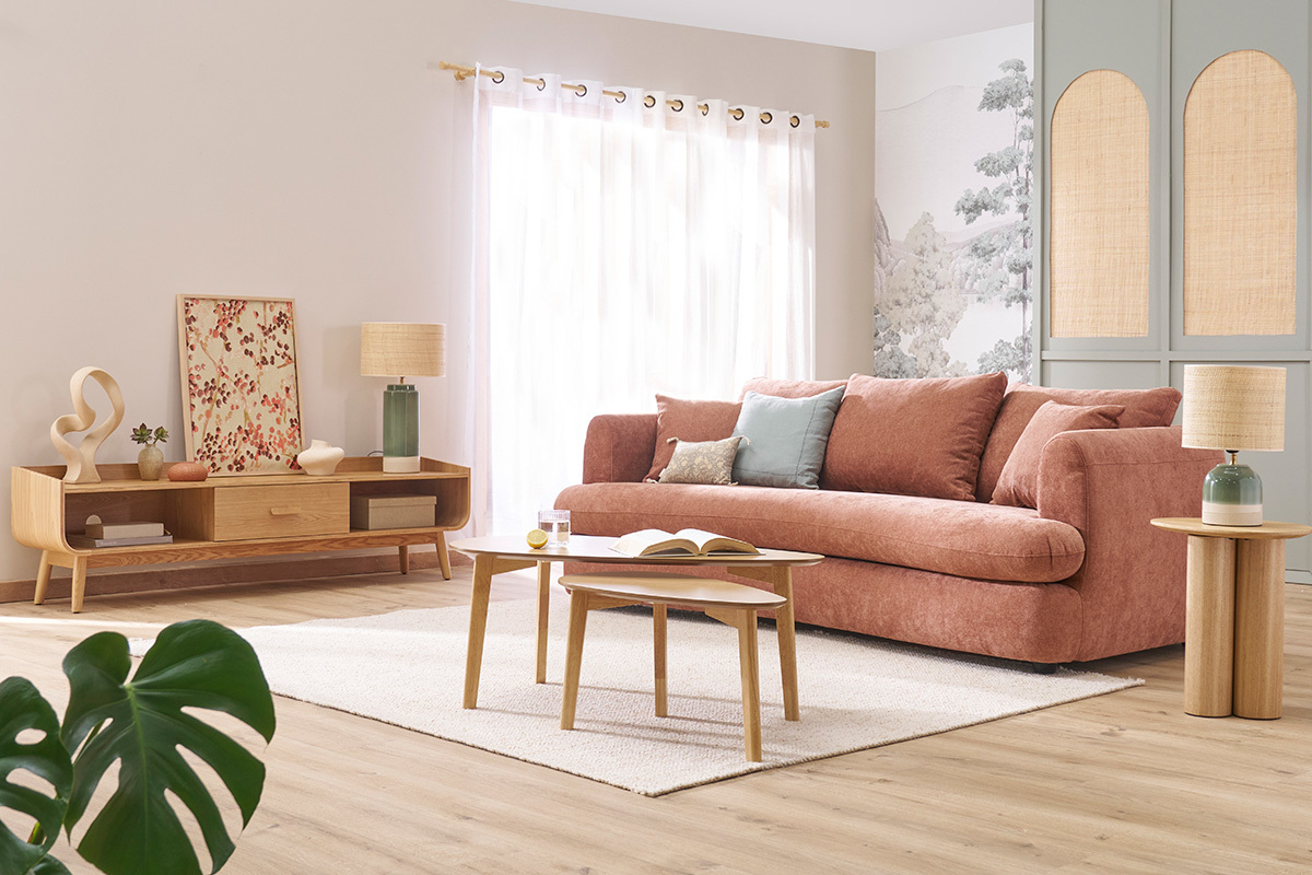 Canap� convertible d�houssable 3-4 places design haricot en tissu effet velours terre br�l�e SACHA