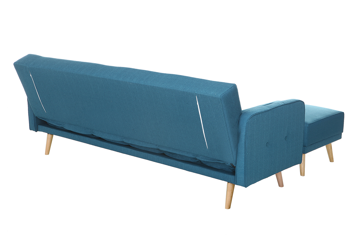 Canap� convertible scandinave 3 places avec repose-pieds en tissu bleu canard et bois clair ULLA