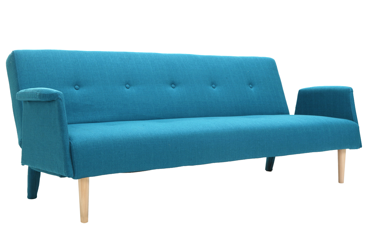 Canap� convertible scandinave 3 places en tissu bleu canard et bois clair OSCAR