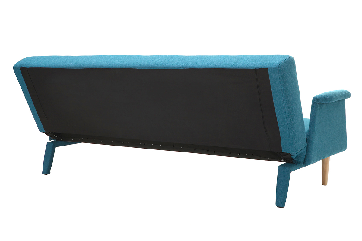 Canap� convertible scandinave 3 places en tissu bleu canard et bois clair OSCAR