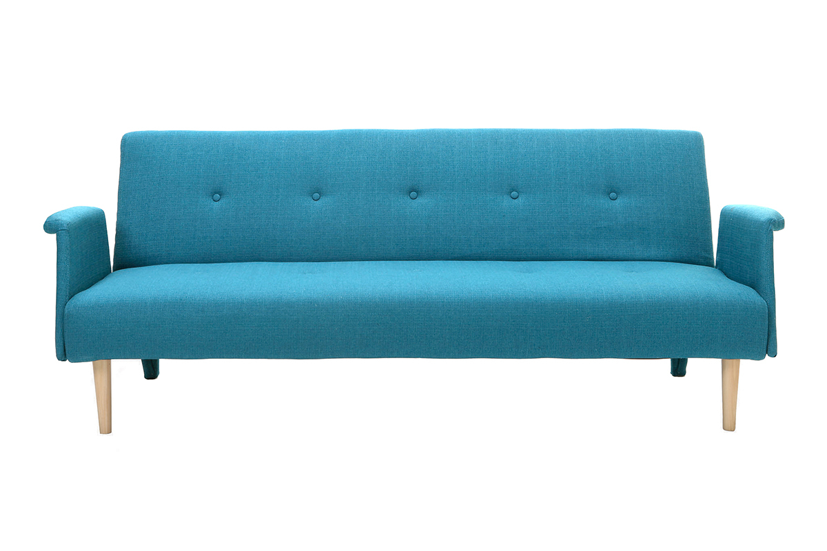 Canap� convertible scandinave 3 places en tissu bleu canard et bois clair OSCAR