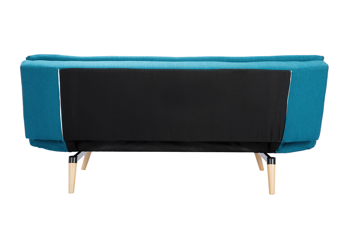 Canap� convertible scandinave 3 places en tissu bleu canard, vue de dos avec pi�tement en bois clair.