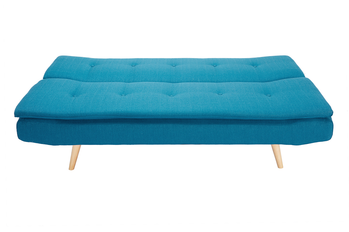 Canap� convertible scandinave 3 places bleu canard avec pi�tement en bois, vue de face