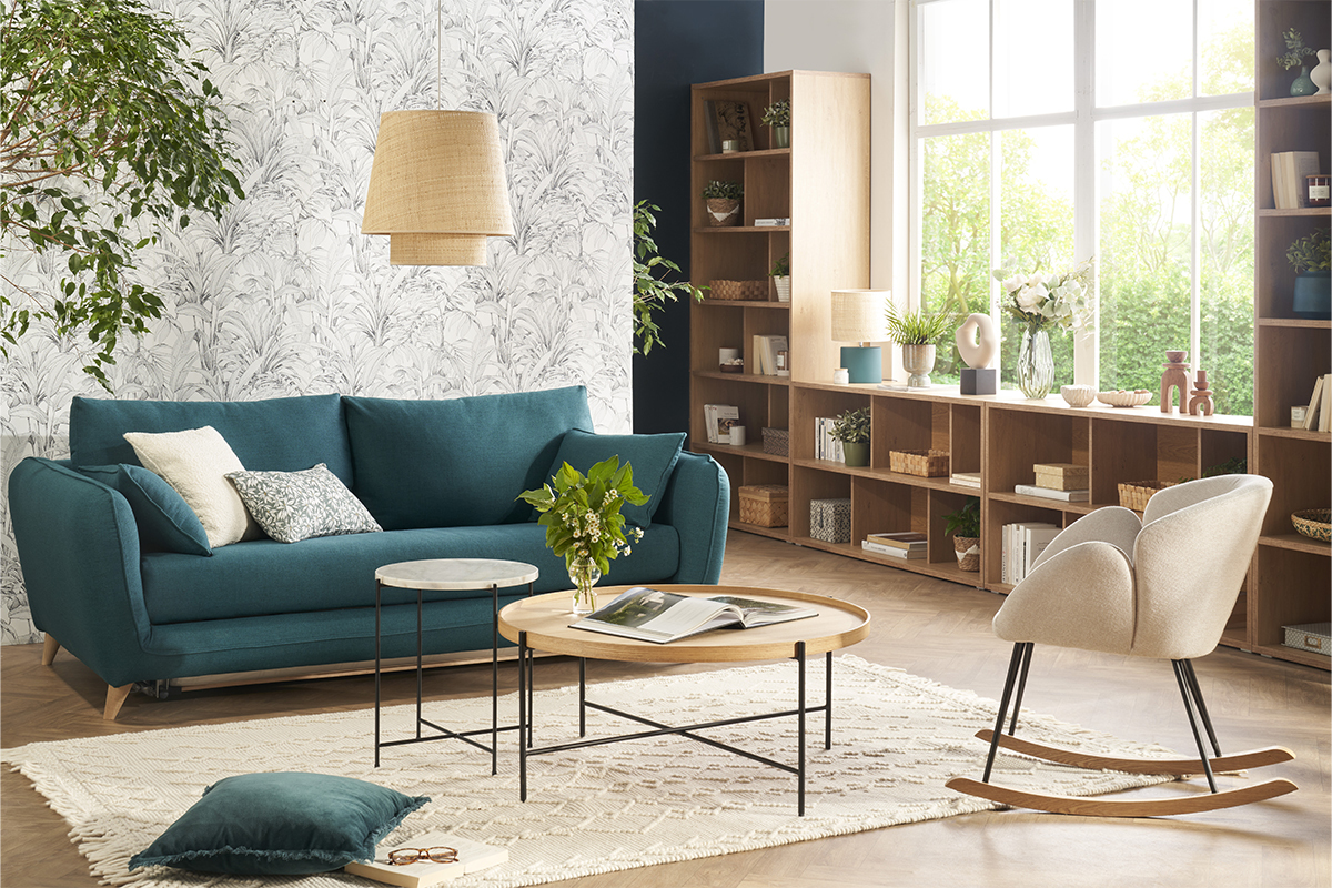 Canap� convertible scandinave 3 places en tissu gris anthracite et bois clair avec matelas 10 cm CREEP