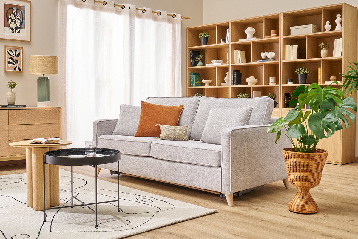 Canap� convertible scandinave 3 places en tissu gris clair et bois clair avec matelas 10 cm PAPEL