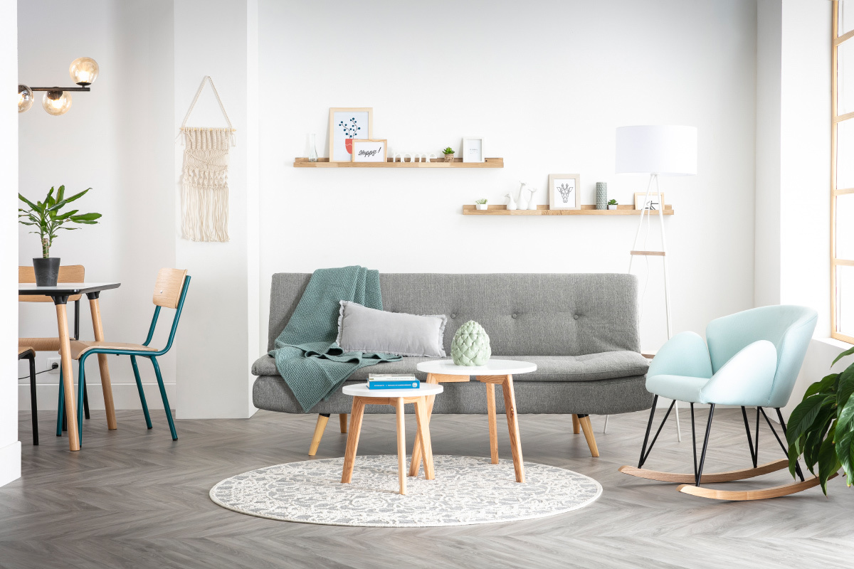 Canap� convertible scandinave 3 places en tissu vert lagon et bois clair SENSO