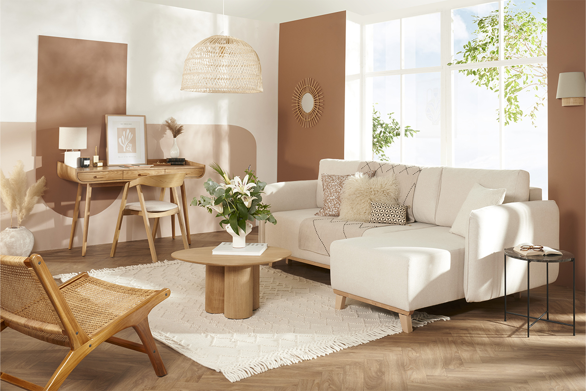 Canap� d'angle convertible et r�versible 3-4 places en tissu effet velours beige et bois clair ROMANE