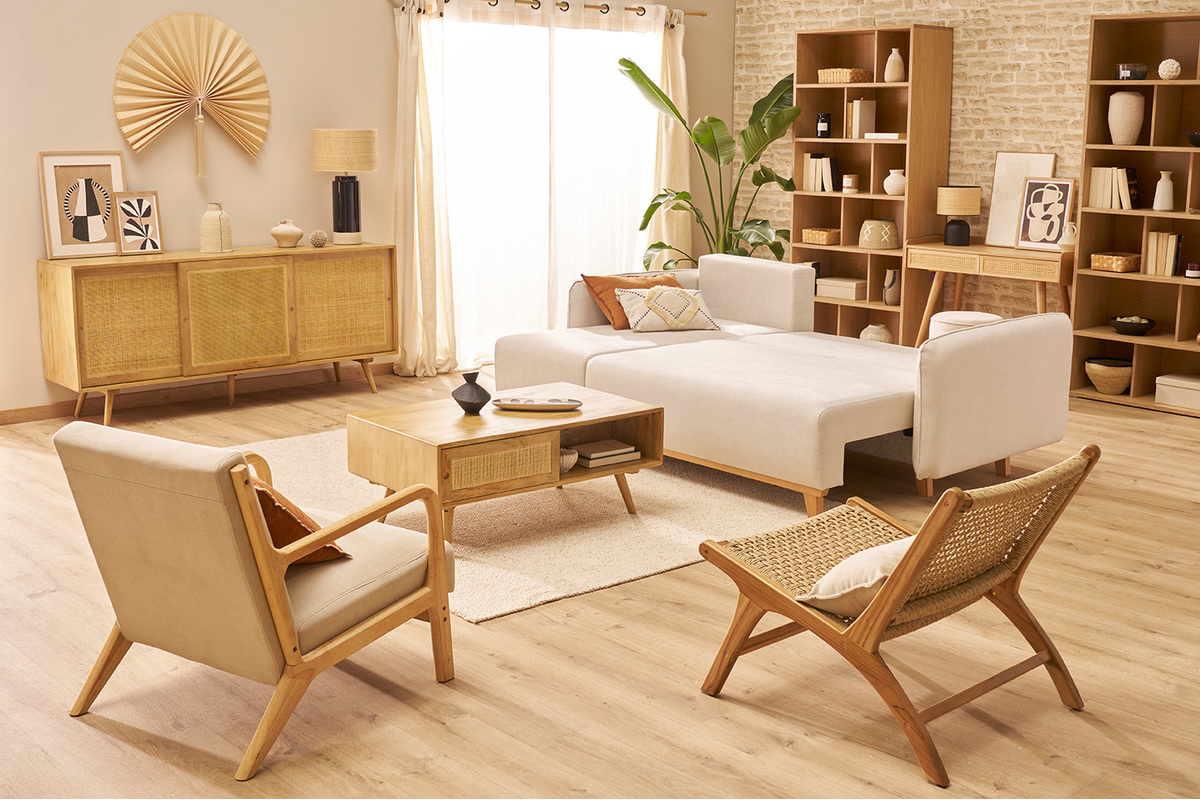 Canap� d'angle convertible et r�versible 3-4 places en tissu effet velours beige et bois clair ROMANE