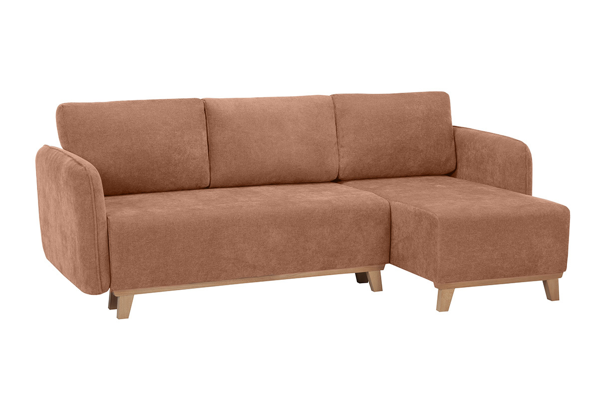Canap� d'angle convertible et r�versible 3-4 places en tissu effet velours terre br�l�e et bois clair ROMANE