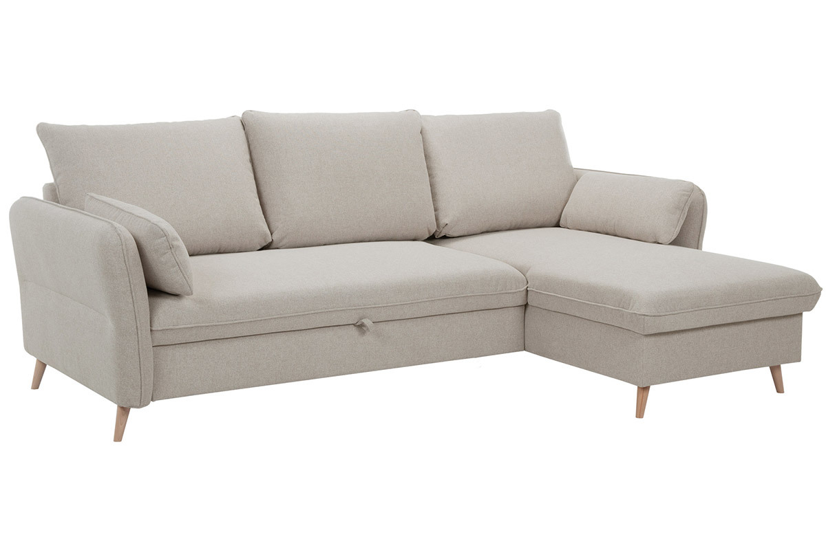 Canap� d'angle convertible r�versible avec coffre 3-4 places en tissu beige et bois clair DRISS