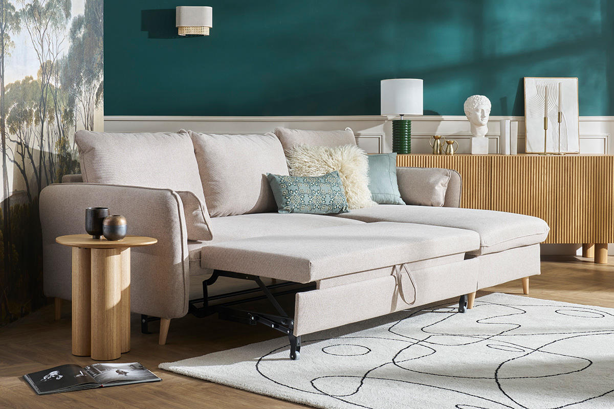 Canap� d'angle convertible r�versible avec coffre 3-4 places en tissu beige et bois clair DRISS