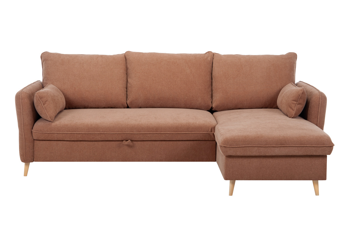 Canap� d'angle convertible r�versible avec coffre 3-4 places en tissu effet velours terre br�l�e et bois clair DRISS