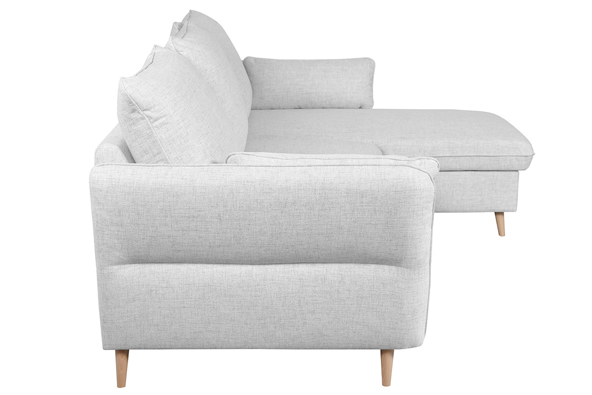 Canap� d'angle convertible r�versible avec coffre 3-4 places en tissu gris clair et bois clair DRISS
