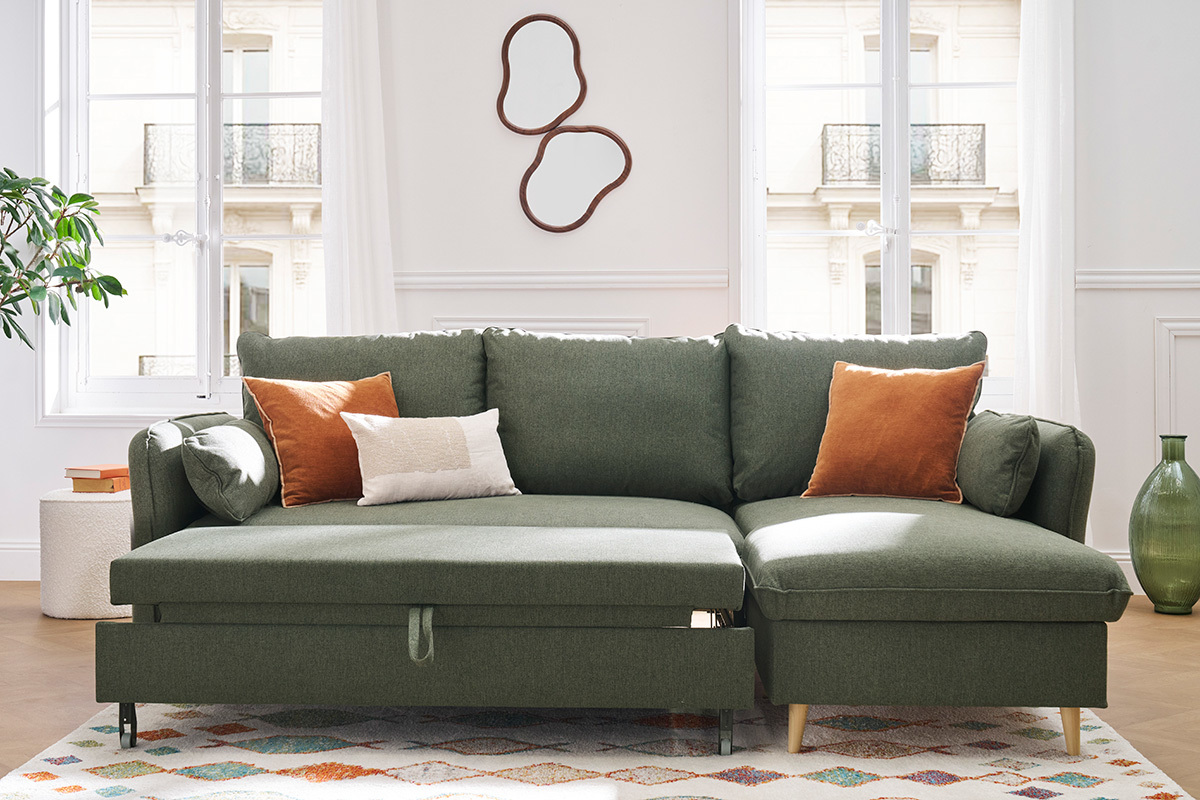 Canap� d'angle convertible r�versible avec coffre 3-4 places en tissu vert kaki et bois clair DRISS