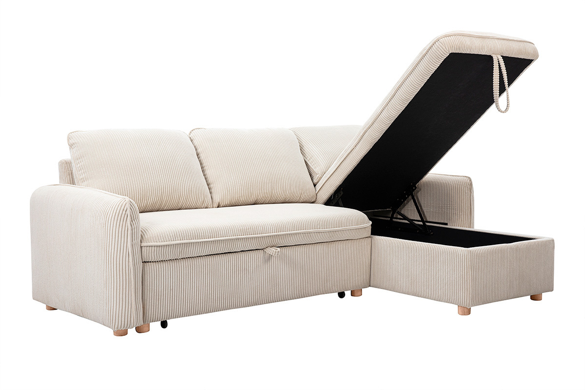 Canap� d'angle convertible beige avec coffre ouvert, vue de c�t�.