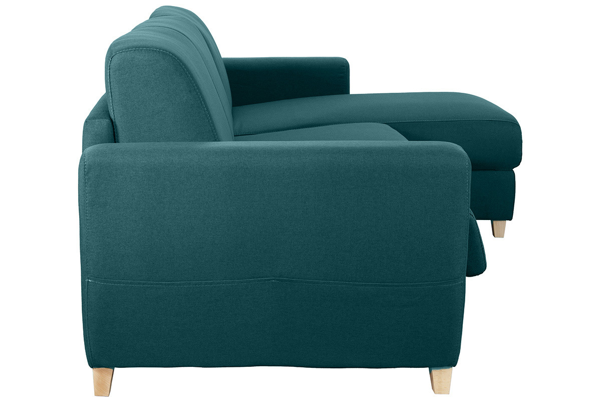 Canap� d'angle convertible r�versible avec coffre 4 places en tissu bleu canard et bois clair GRAHAM