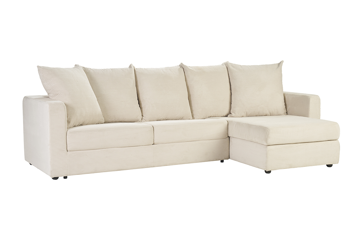 Canap� d'angle droit convertible en velours c�tel� beige vue de 3/4.