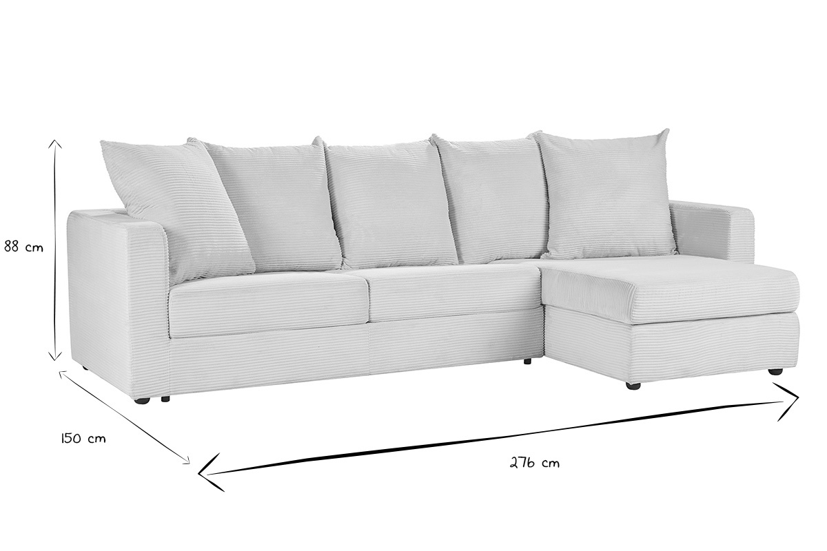 Dimensions du canap� d'angle droit convertible BACIO en noir et blanc, L276 x P150 x H88 cm.
