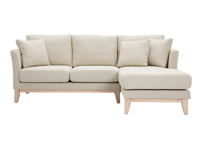 Canap&eacute; d'angle droit d&eacute;houssable 4 places en tissu beige et bois clair OSLO