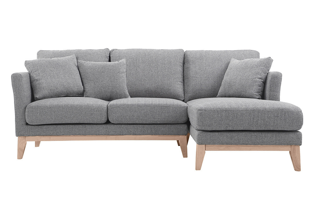 Canap� d'angle droit d�houssable scandinave gris clair avec pieds en bois clair, vue de face