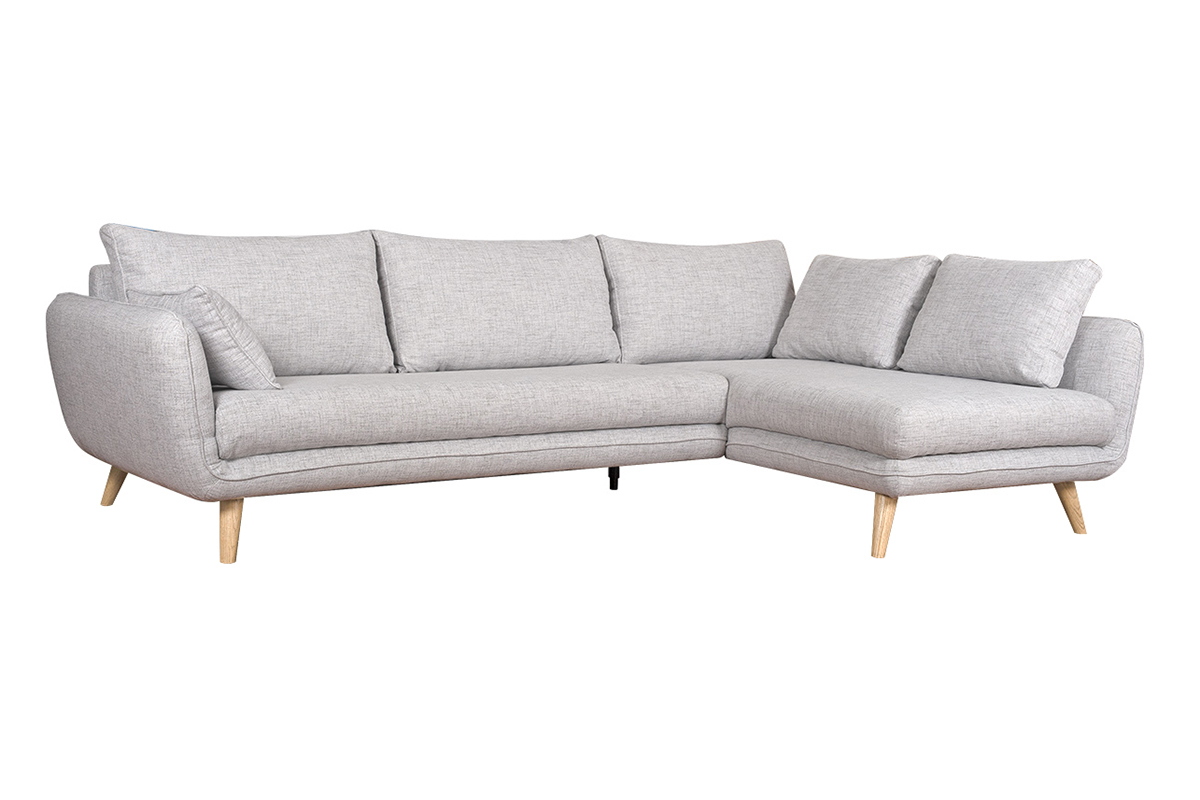 Canap� d'angle droit scandinave 5 places en tissu gris clair chin� et bois clair CREEP